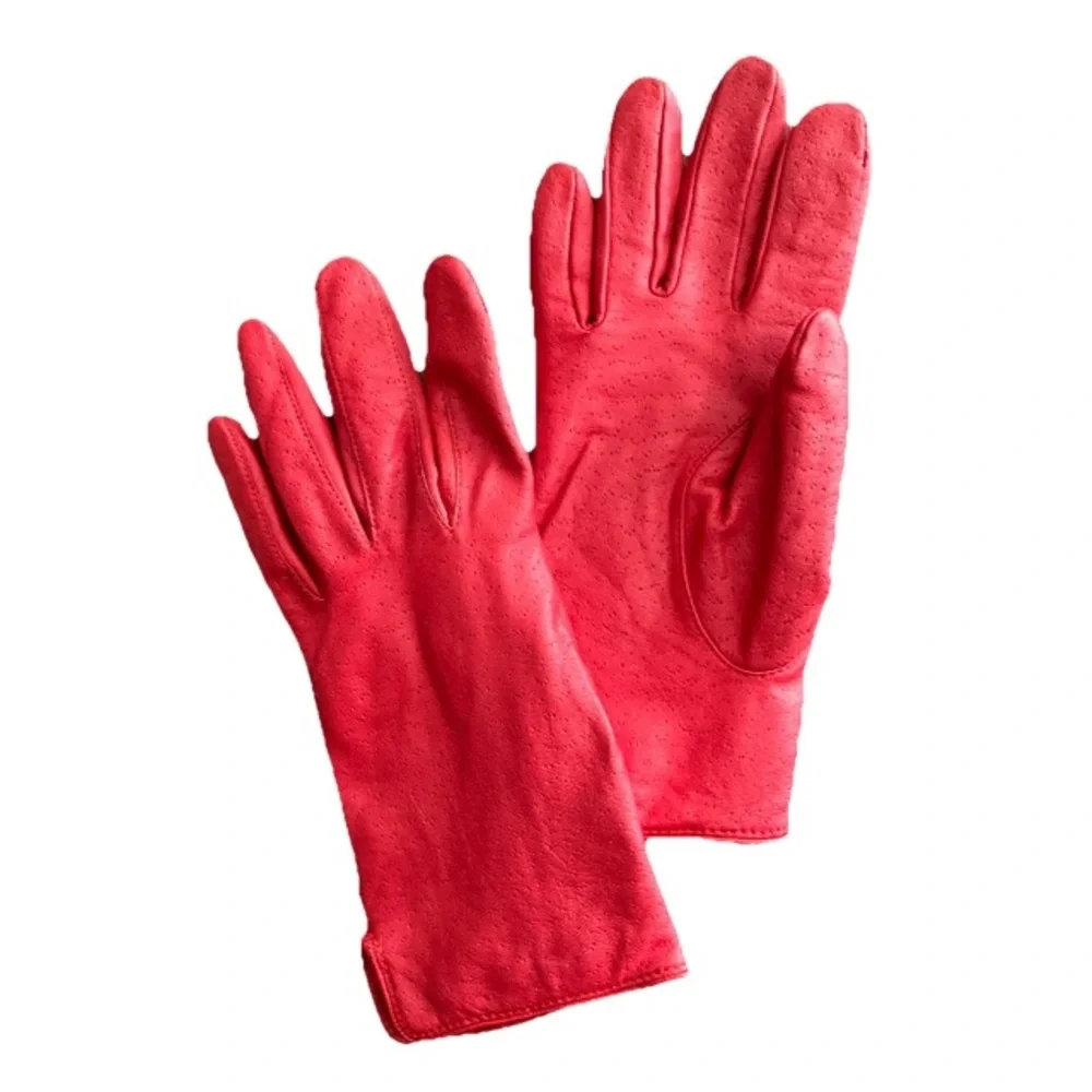 Vintage Red Perforated Leather Gloves Lined Women's Fall Winter M/ 7